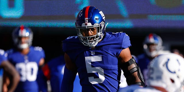 New York Giants defensive end Kayvon Thibodeaux (5) during a game against the Indianapolis Colts Jan. 1, 2023, at MetLife Stadium in East Rutherford, N.J.  