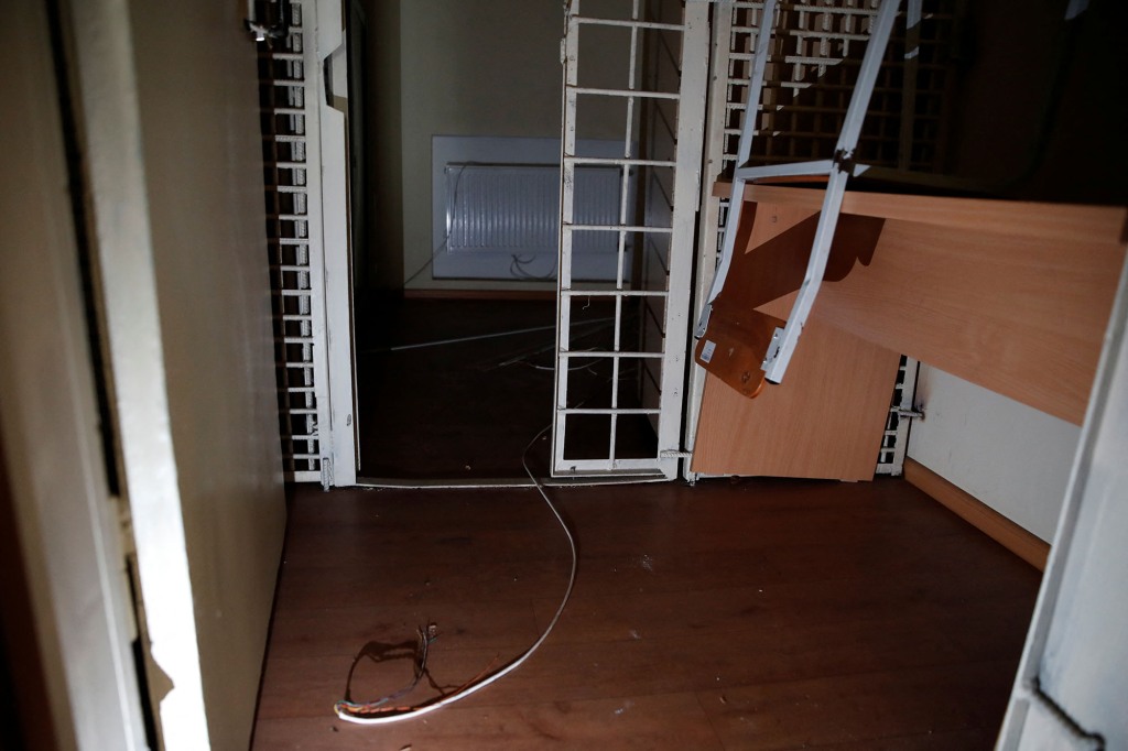 Electric cables are seen in a cell at a preliminary detention center, where Russians allegedly jailed and tortured Ukrainians. 