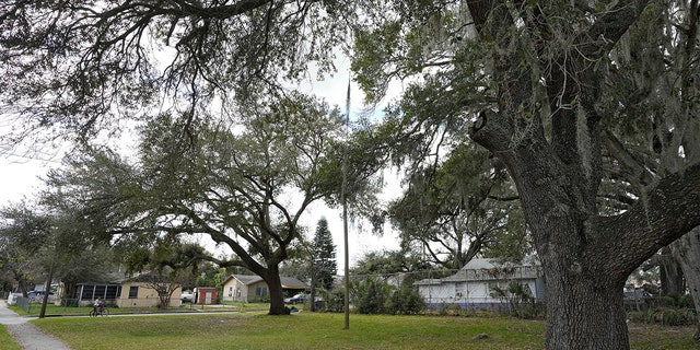 A cyclist stops to look at the scene of a shooting Tuesday in Lakeland, Fla.