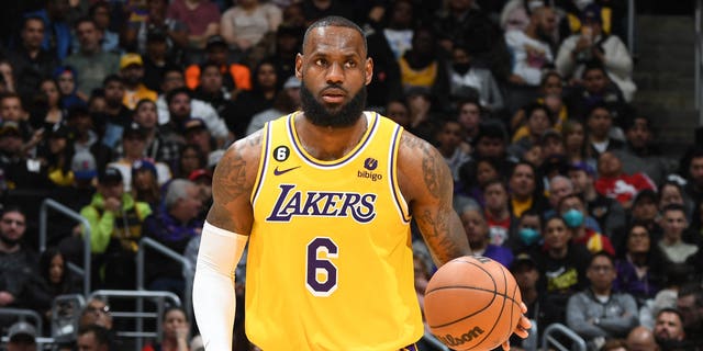 LeBron James #6 of the Los Angeles Lakers dribbles the ball during the game against the LA Clippers on January 24, 2023 at Crypto.Com Arena in Los Angeles, California.