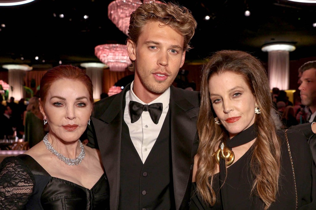 Priscilla Presley, "Elvis" star Austin Butler and Lisa Marie Presley attend the 2023 Golden Globe Awards earlier this month.