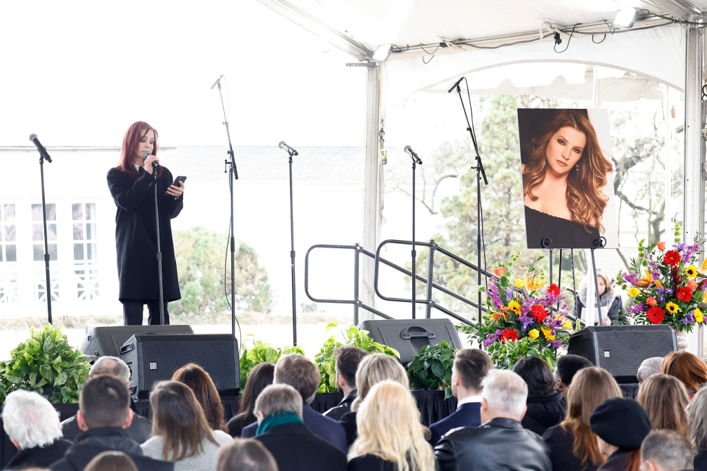 Priscilla Presley speaks at the public memorial for Lisa Marie Presley. 