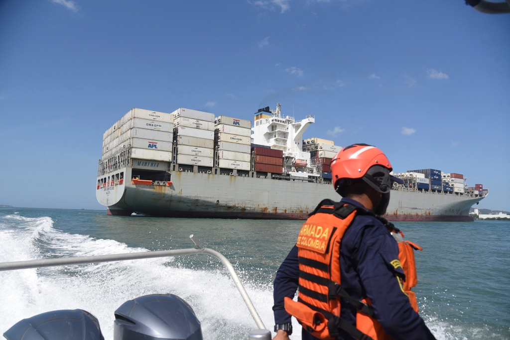 The merchant ship CMA CGM Voltario joined in the rescue effort of sailor Elvis Francois in a photo released by the Colombian Navy, Jan. 18, 2023.