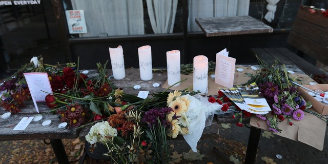 A small memorial is seen at the Mad Greek restaurant in Moscow, Idaho, on Tuesday, November 15, 2022. Murder victims Madison Mogen and Xana Kernodle worked here as servers for a couple of years. 