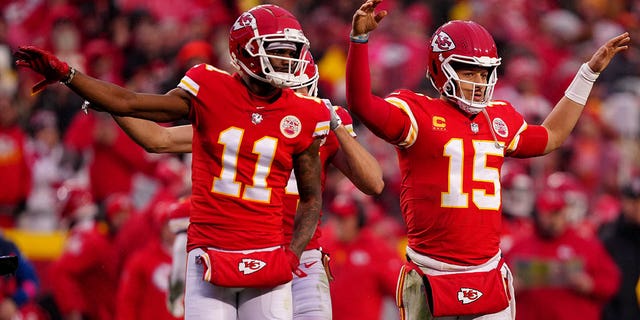 Patrick Mahomes (15) of the Kansas City Chiefs returns at the start of the third quarter of an AFC divisional playoff against the Jacksonville Jaguars at Arrowhead Stadium Jan. 21, 2023, in Kansas City, Mo.