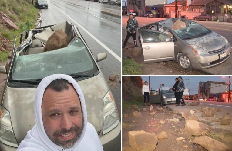 Giant boulder crushes car in California