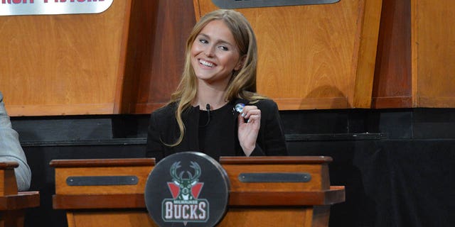 Mallory Edens of the Milwaukee Bucks during the 2014 NBA Draft Lottery on May 20, 2014, at the ABC News "Good Morning America" Times Square Studio in New York City.  