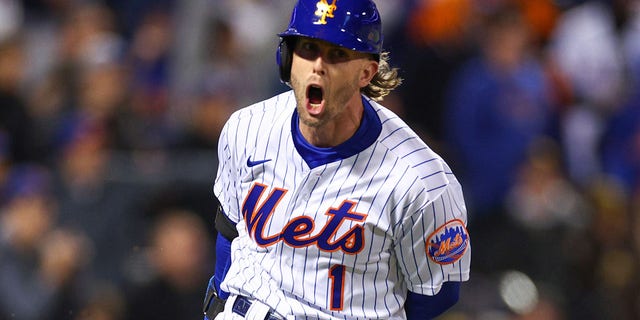 Jeff McNeil of the New York Mets reacts in game two of the Wild Card Series against the San Diego Padres at Citi Field in New York City on Oct. 8, 2022.