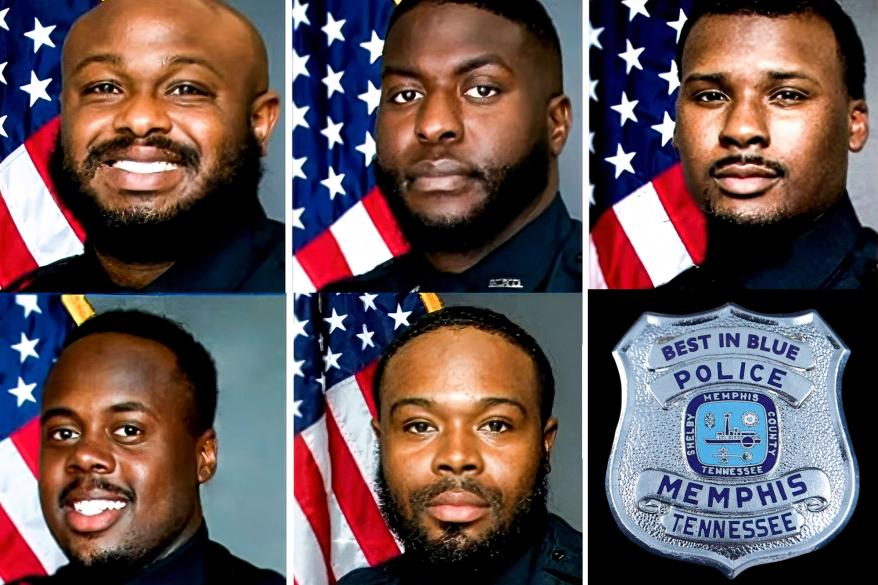 A combo photo provided by the Memphis Police Department shows (from Left) MPD officers Desmond Mills,Jr., Emmitt Martin III, Justin Smith, Tadarrius Bean, and Demetrius Haley, who all face multiple charges including second degree murder in the death of 29 year old Tyre Nichols in Memphis, Tennessee, USA.