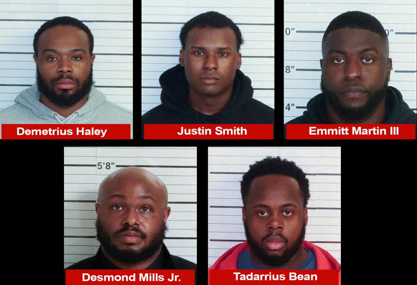 A combination photo of mugshots shows the Memphis police officers charged with second-degree murder in the death of Tyre Nichols, the young Black man who died three days after he was pulled over and beaten by Memphis police, in Memphis, Tennessee in these photos released to Reuters on January 27, 2023. The officers are clockwise from top left Demetrius Haley, Justin Smith, Emmitt Martin III, Tadarrius Bean and Desmond Mills Jr..