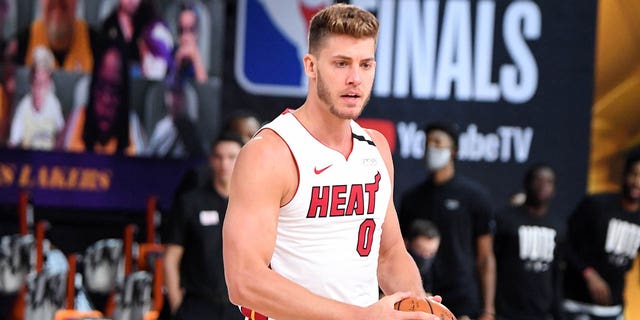 Meyers Leonard, #0 of the Miami Heat, handles the ball during the game against the Los Angeles Lakers during Game Two of the NBA Finals on Oct. 2, 2020 at The AdventHealth Arena at ESPN Wide World Of Sports Complex in Orlando, Florida.