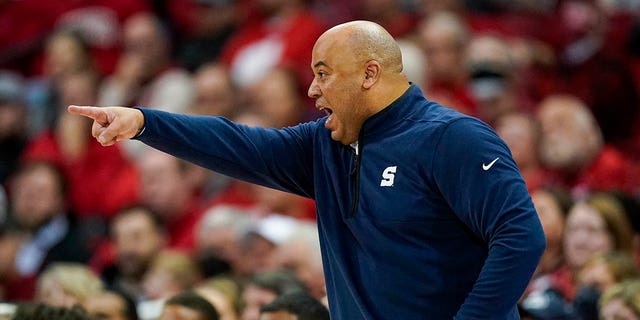 Penn State coach Micah Shrewsberry yells to his team during the second half of a game against Wisconsin Jan. 17, 2023, in Madison, Wis.