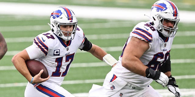 Quarterback Josh Allen (17) of the Buffalo Bills runs with the ball against the New York Jets in the fourth quarter of a game at MetLife Stadium Oct. 25, 2020, in East Rutherford, N.J.