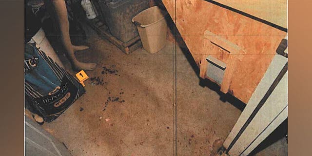 A crime scene photo showing what appears to be blood droplets on the floor, a mannequin and an evidence marker in the feed room where Paul Murdaugh was fatally shot. (Colleton County Court)