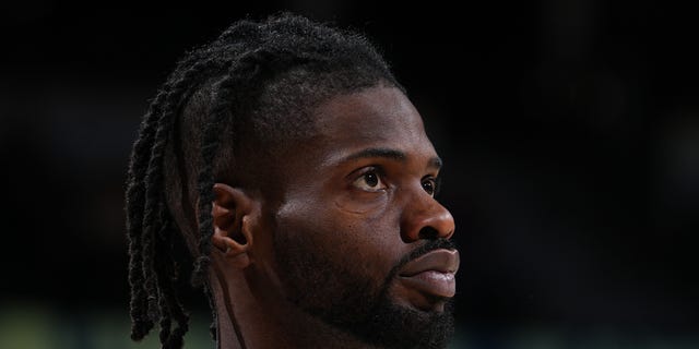 Nerlens Noel of the Detroit Pistons warms up before a game against the Denver Nuggets Nov. 22, 2022, at the Ball Arena in Denver, Colo. 