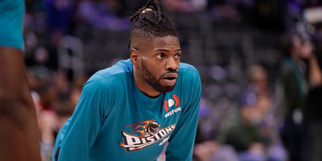 Nerlens Noel of the Detroit Pistons warms up before a game against the Utah Jazz Dec. 20, 2022, at Little Caesars Arena in Detroit.