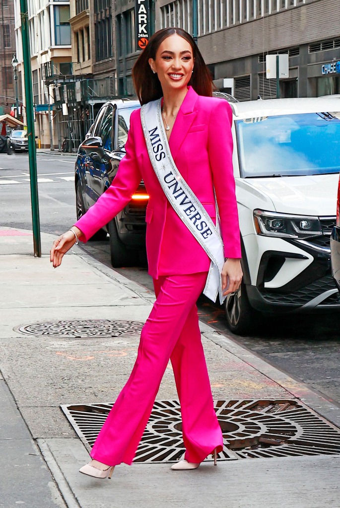 Miss Universe R'Bonney Gabriel wears a pantsuit while visiting the NH Collection Hotels in New York City