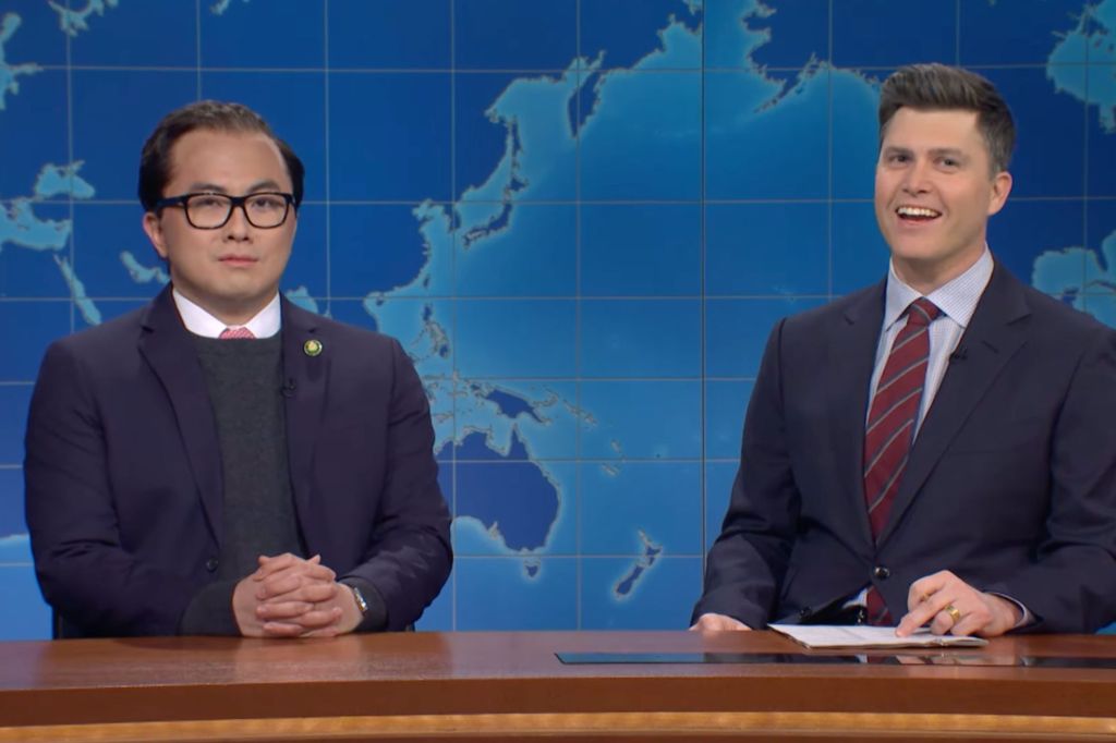 Bowen Yang played George Santos on "Weekend Update" with Colin Jost interviewing the embattled Congressman.