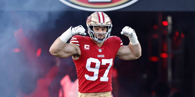 Nick Bosa of the San Francisco 49ers reacts as he takes the field prior to an NFL divisional round playoff football against the Dallas Cowboys at Levi's Stadium Jan. 22, 2023, in Santa Clara, Calif.