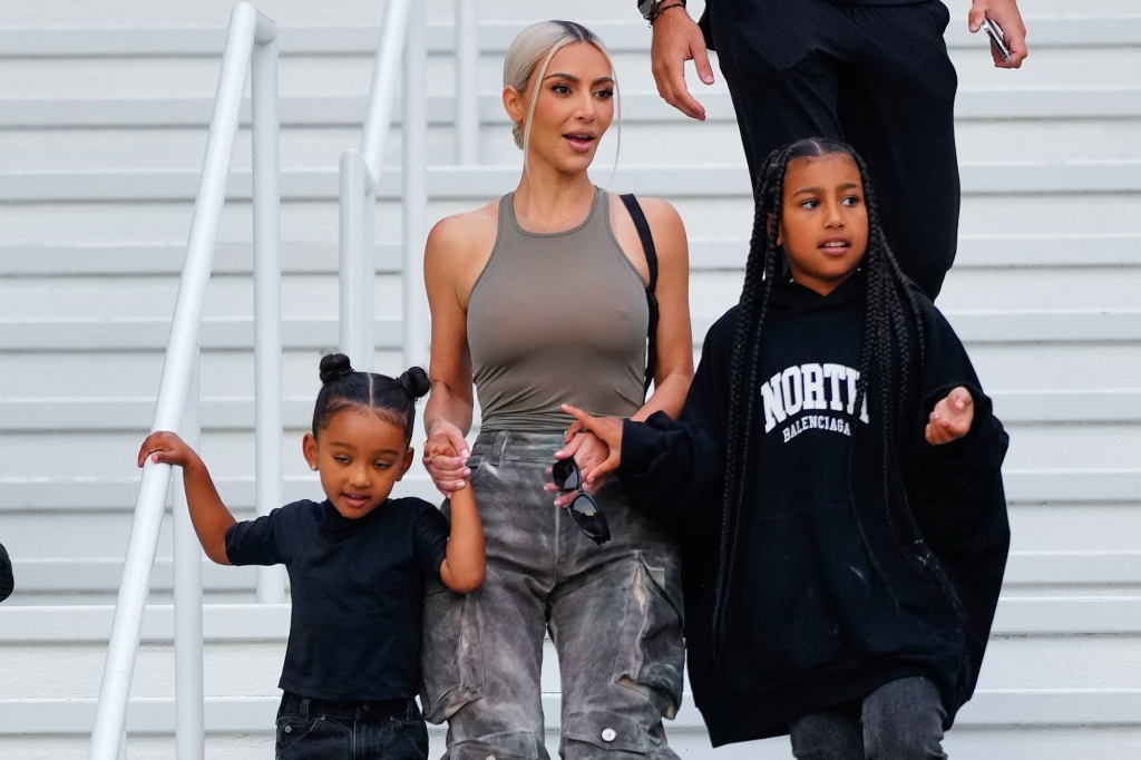 Chicago West, Kim Kardashian and North West are spotted in New Jersey in July 2022.