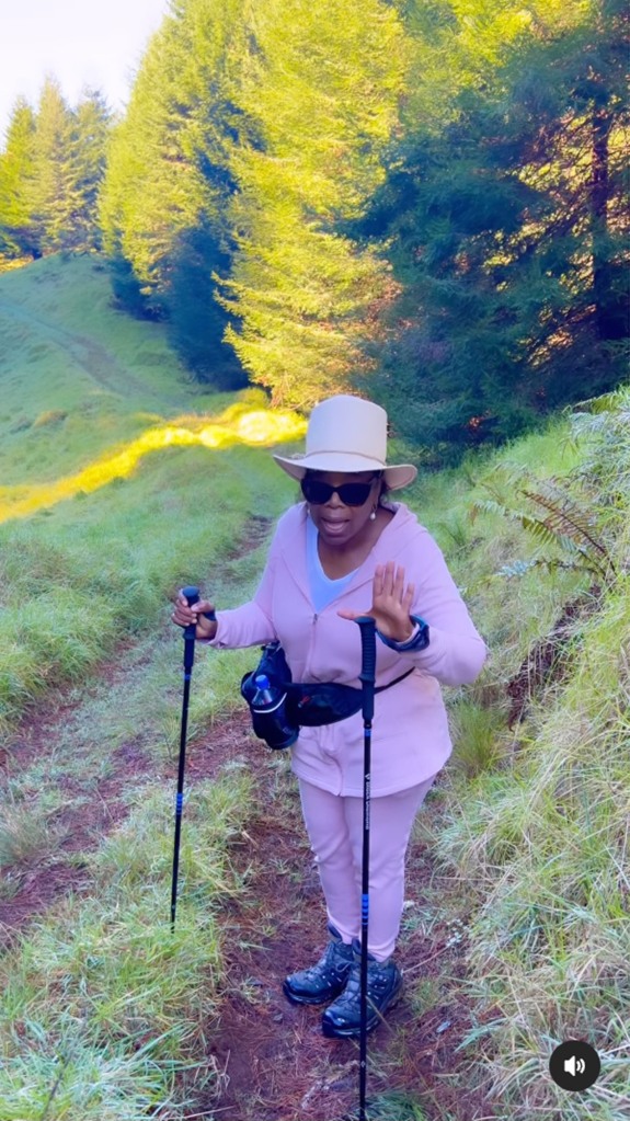 Winfrey pausing at the top of the mountain to take in the stillness, she says in her Instagram reel. 