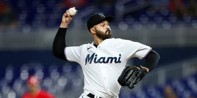 Pablo Lopez, #49 of the Miami Marlins, delivers a pitch during the first inning against the Philadelphia Phillies at loanDepot park on September 15, 2022, in Miami, Florida. 