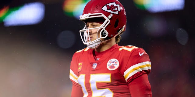 Patrick Mahomes of the Chiefs looks toward the sideline during the Jacksonville Jaguars game at Arrowhead Stadium on Jan. 21, 2023.