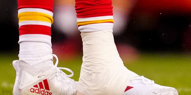 The taped right ankle of the Chiefs' Patrick Mahomes during the Jacksonville Jaguars playoff game on Jan. 21, 2023, in Kansas City.