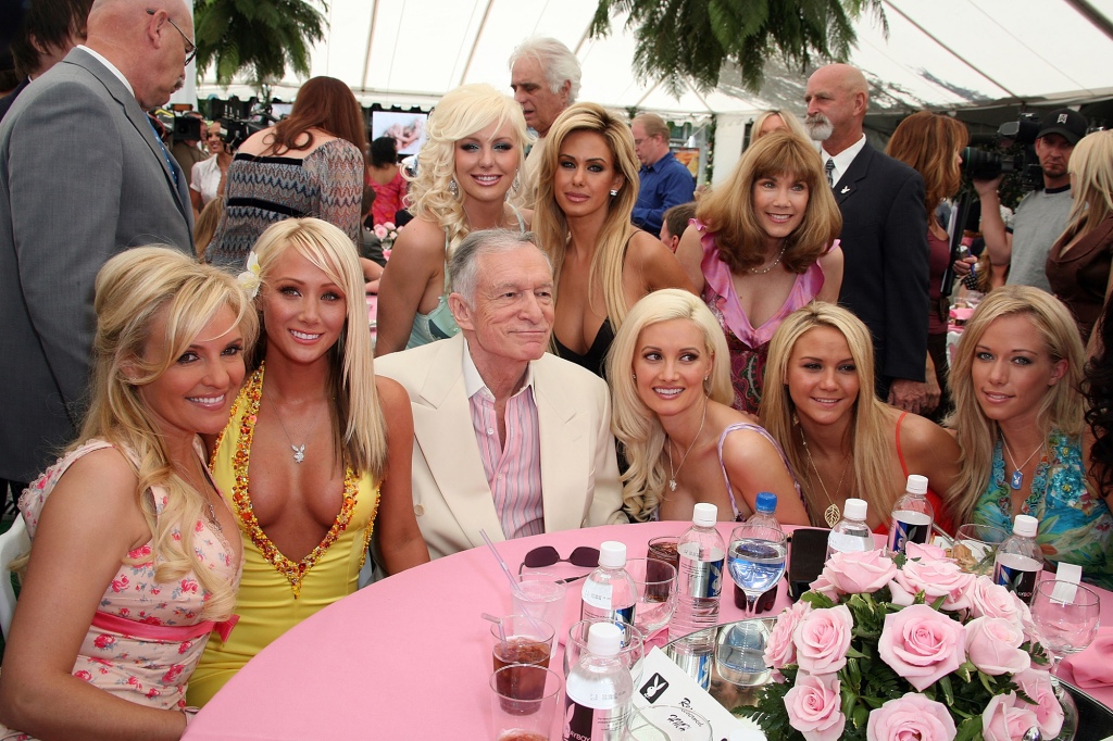 Bridget Marquardt, Sara Jean Underwood, Hugh Hefner, Christi Shake, Shauna Sand, Holly Madison and Kendra Wilkinson attend the 2007 Playmate of the Year party at the Playboy Mansion on May 3, 2007 in Los Angeles, California. 