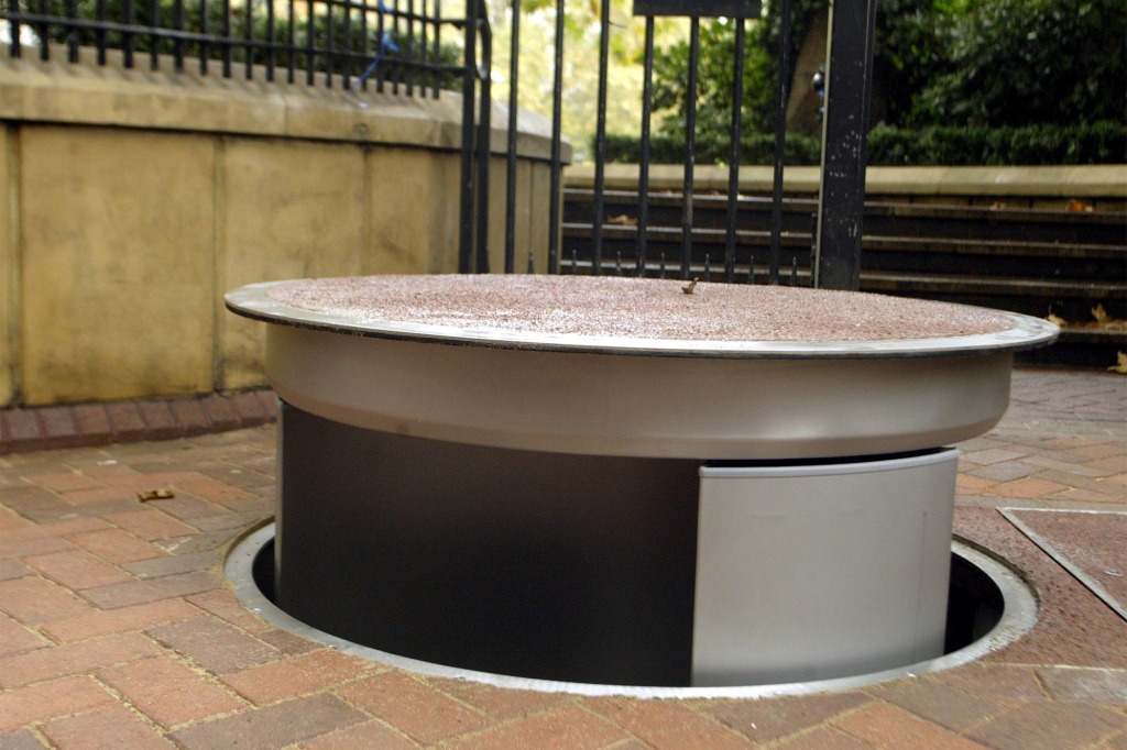 The hydraulic urinals are concealed below street level during the day before they pop up from beneath the pavement for use in the evenings.