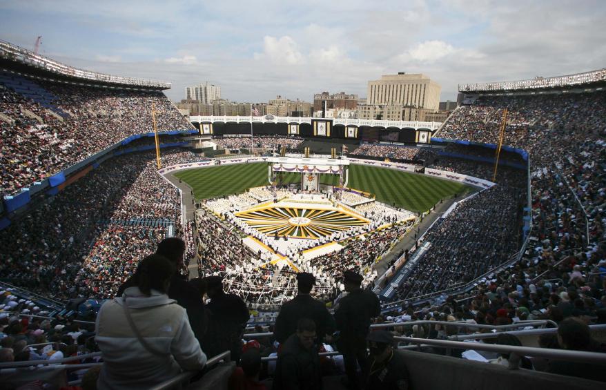 The pope celebrated mass on the infield at Yankee Stadium.