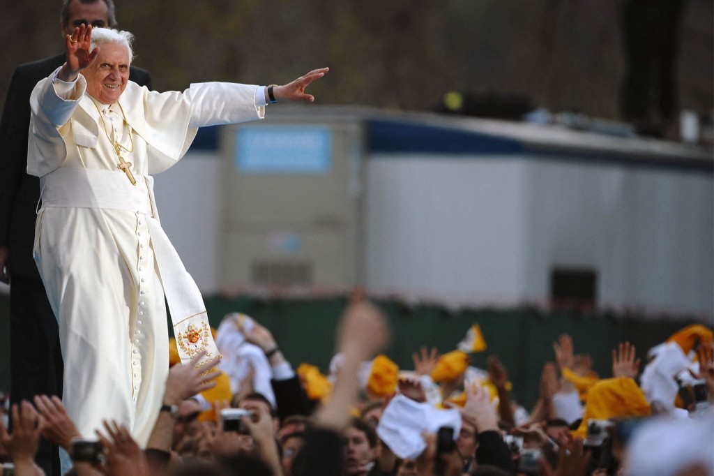 The pope on stage during a rally at  St Joseph's Seminary in Yonkers on April 19, 2008.