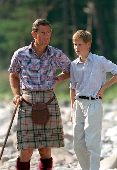 Prince Charles With Prince Harry At Polvier, By The River Dee, Balmoral Castle Estate.