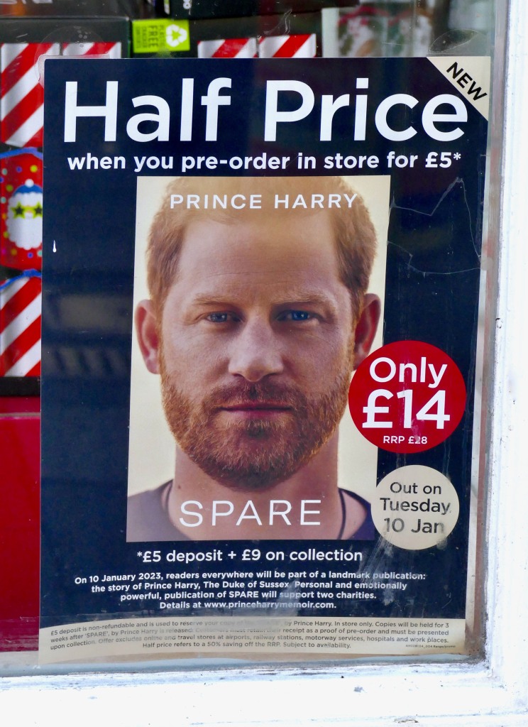 UK, Royal Berkshire, Windsor: Prince Harrys book called Spare is advertised at half price if you pre-order at WHSmith opposite  Windsor Castle., 