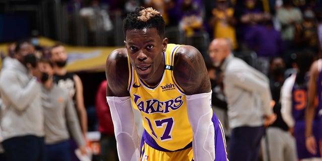 Dennis Schröder of the Los Angeles Lakers during a game against the Phoenix Suns during Game 3 of the first round of the 2021 NBA Playoffs May 27, 2021, at Staples Center in Los Angeles.