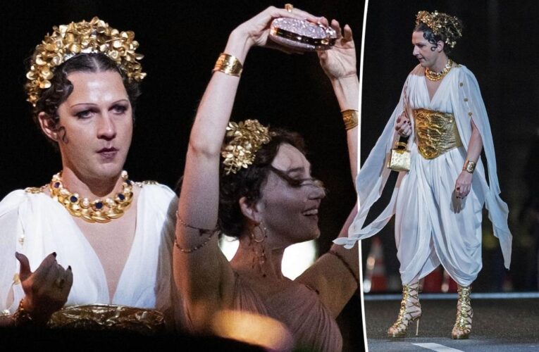 Shia LaBeouf unrecognizable in Greek goddess drag — complete with high heels