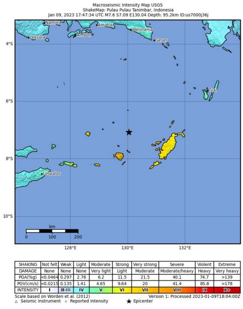 The location of the 7.6-magnitude earthquake in the Banda Sea is shown on a map, off the coast of Indonesia's Tanimbar Islands Region and East Timor, on Jan. 10, 2023. 