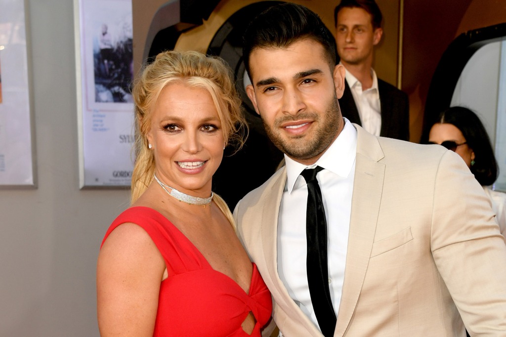 Britney Spears (L) and Sam Asghari arrive at the premiere of Sony Pictures' "One Upon A Time...In Hollywood" at the Chinese Theatre on July 22, 2019 in Hollywood, California