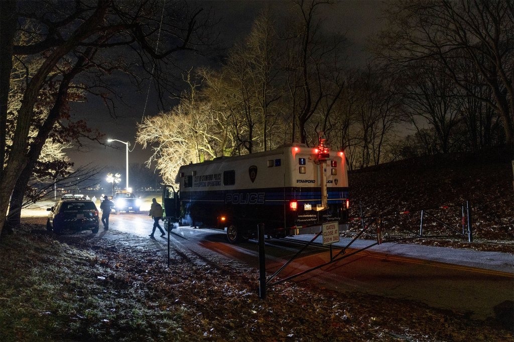 Police prepare to depart after investigating a crime scene related to the suspected murder of a 2-year-old boy on Jan. 2, 2023 in Stamford, Connecticut.