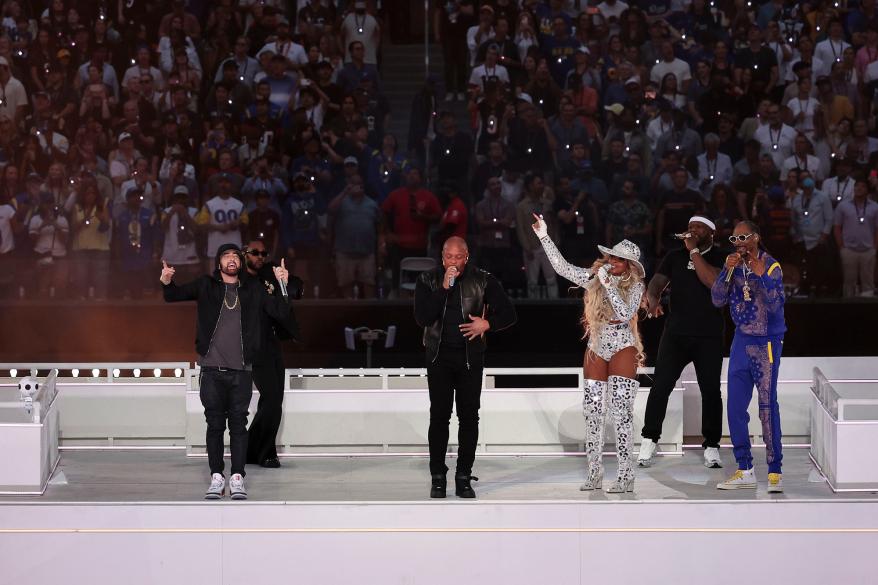Eminem, Kendrick Lamar, Dr. Dre, Mary J. Blige, 50 Cent and Snoop Dogg perform at the halftime show during the NFL Super Bowl 56 football game, at SoFi Stadium on Feb. 13, 2022 in Inglewood, California.