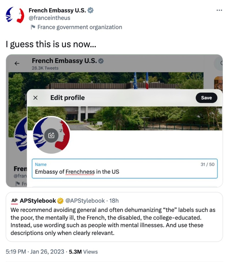 French Embassy's tweet suggesting the AP guidance means it is now the "Embassy of Frenchness in the US."