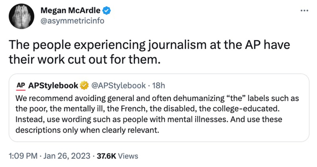 Washington Post columnist Megan McArdle's tweet about AP style guide.