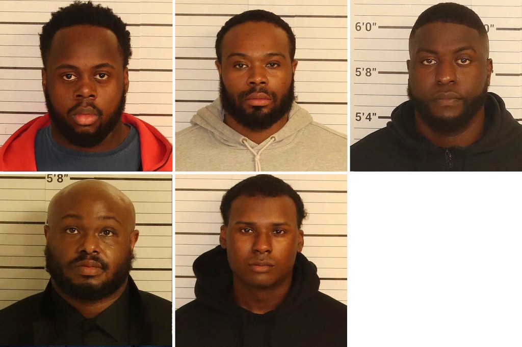 The accused cops from top left, officers Tadarrius Bean, Demetrius Haley, Emmitt Martin III, and bottom from left, officers Desmond Mills, Jr. and Justin Smith. 