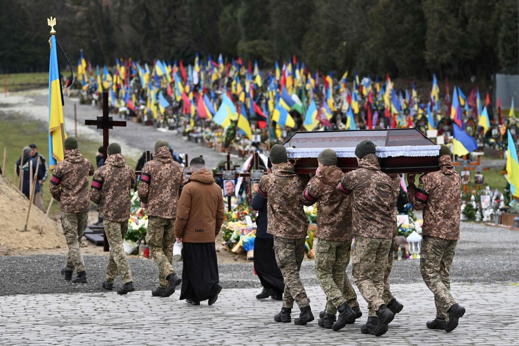 Ukrainian soldiers carrying the coffin of a fallen soldier at a funeral in Lviv on January 18, 2023.