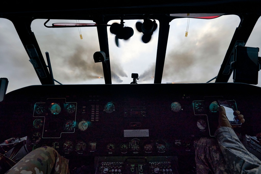 A Ukrainian helicopter fires at the Russian positions in the frontline in the Kherson region on Jan. 8, 2023.