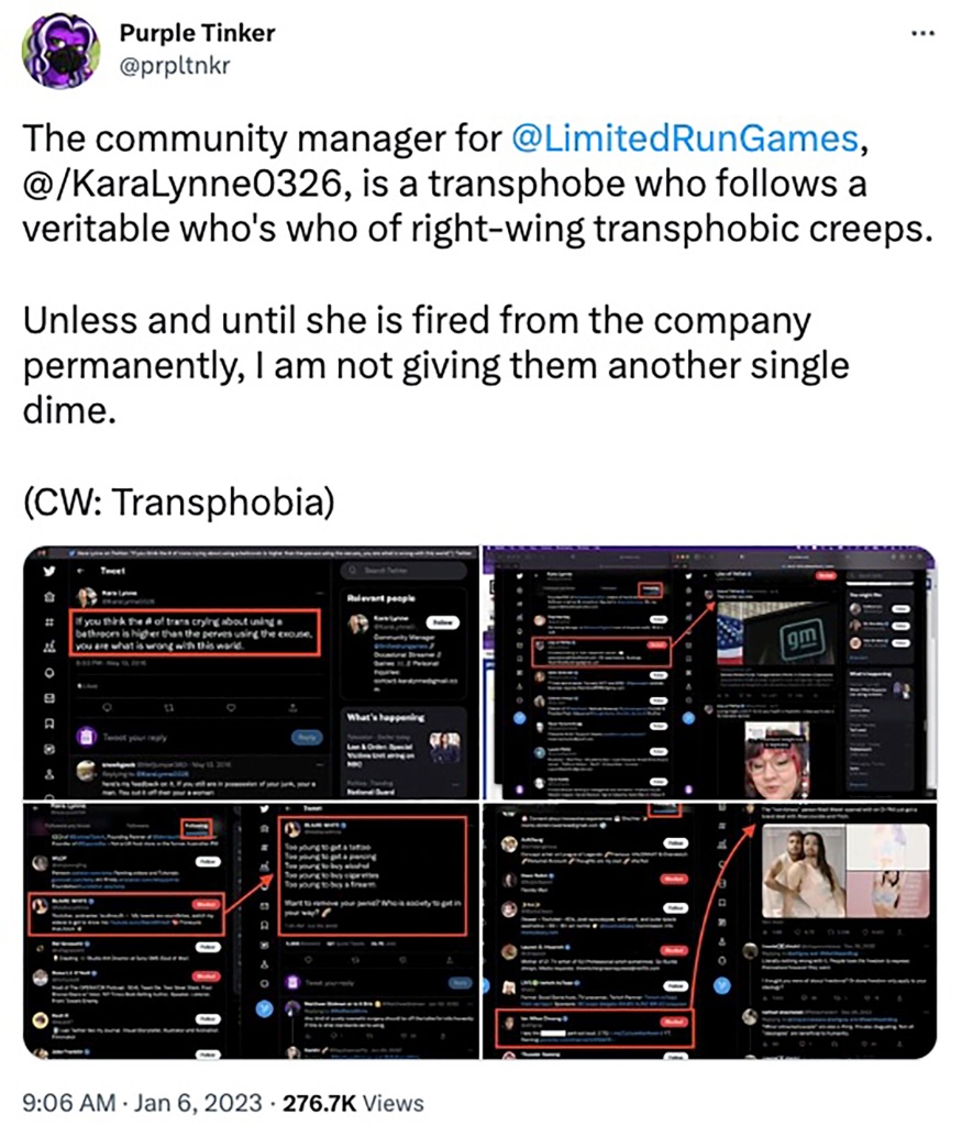 Purple Tinker's tweet calling Kara Lynne a "transphobe."