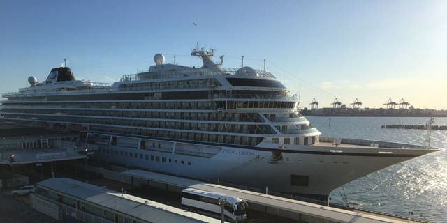 The Viking Orion cruise ship berthed on April 16, 2020, in Melbourne, Australia. 