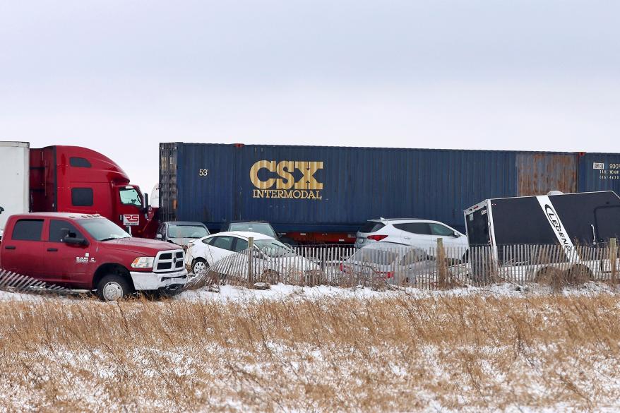  Authorities say snowy conditions led to a massive traffic pile-up in southern Wisconsin on Jan. 27, 2023.
