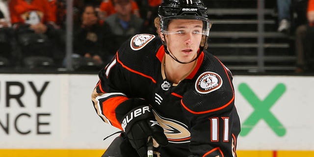 Trevor Zegras of the Anaheim Ducks skates during the first period against the Toronto Maple Leafs at Honda Center Oct. 30, 2022, in Anaheim, Calif.