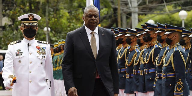 Defense Secretary Lloyd Austin arrives at the Department of National Defense in Camp Aguinaldo in Quezon City, Metro Manila, Philippines, on Feb. 2, 2023.